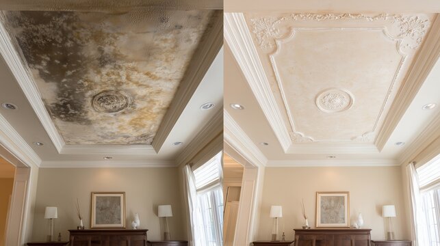 Ceiling before-and-after showing extensive water stain, mold and peeling plaster on ornate tray ceiling transformed to restored, clean ceiling with repaired molding.