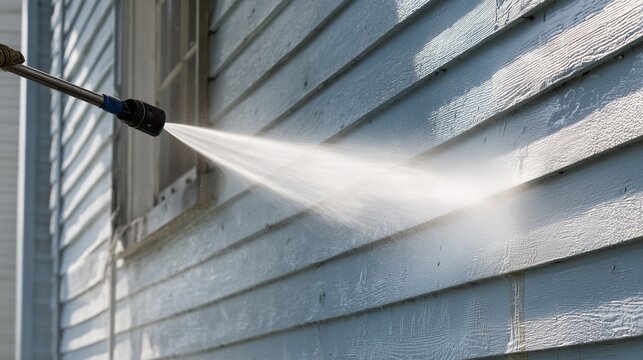 Pressure washer nozzle spraying water to clean house siding, removing dirt and grime from exterior panel.