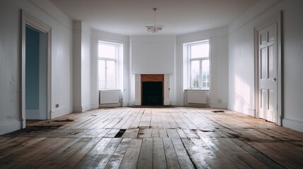Wide stock image of a vacant home interior with sunlight through windows and a visibly damaged wooden floor conveying decay and renovation need.