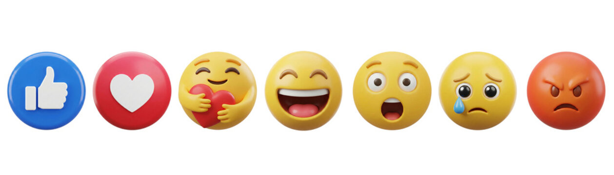 Facebook Reaction Emoji. Assorted social media reaction emojis isolated on transparent background. Editorial Use Only.