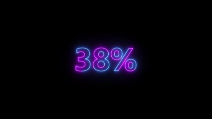 Abstract glowing neon 38% text looped animation on black background. Pink and blue colorful neon percent sign number with alpha channel.