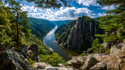 Scenic view of a winding river flowing through a lush green forested canyon under a bright blue sky with fluffy clouds and rocky cliffs in the foreground