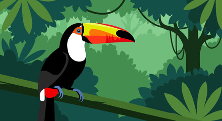 Fototapeta premium Cartoon Toucan Perched on Branch in Lush Tropical Rainforest Setting Illustration