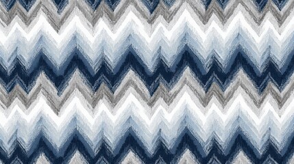Seamless chevron ikat pattern with abstract brushstrokes on textile texture, creating a modern decorative zig zag ornament in blue, white, and grey colors