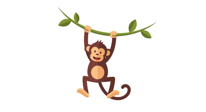 Cartoon monkey swinging on vine isolated on white background simple vector illustration for kids
