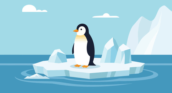 Adorable penguin standing on a melting iceberg in the arctic ocean with icebergs around