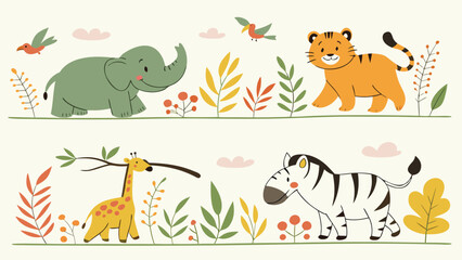 Obraz premium Charming illustration featuring an elephant tiger giraffe zebra and birds amid colorful foliage and clouds