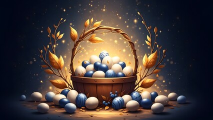 Fototapeta premium Basket filled with blue and white Easter eggs surrounded by golden leaves and sparkles