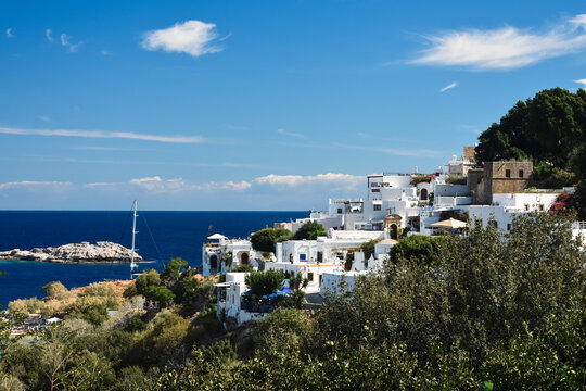 View of White Houses and the Agean Sea in Lindos on Rhodes Island Greece