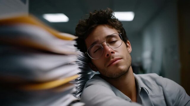tired office worker resting their head on folded arms at a cluttered desk, framed dramatically between two towering chaotic stacks of paperwork and thick binders, wide-angle pers 4K