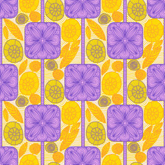 Seamless pattern with hand drawn doodle floral elements in yellow and purple