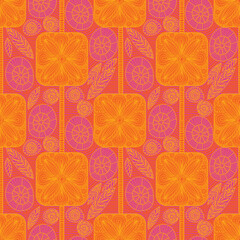 Seamless pattern with hand drawn doodle floral elements in orange and purple