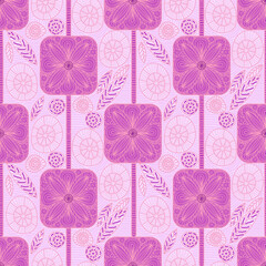 Seamless pattern with hand drawn doodle floral elements in pink and purple