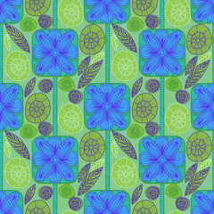 Seamless pattern with hand drawn doodle floral elements in blue and green