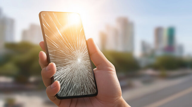 Person holding a mobile phone with a smashed screen outdoors. Concept of device damage, repair services, and technology problems