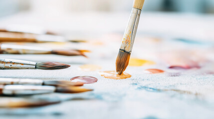 Fototapeta premium Artist paintbrush collecting paint from a puddle on a white canvas, showing a detail of painting process with a blurred background