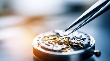 Close up of a mechanical watch movement being serviced with fine tweezers, highlighting the detailed engineering and craftsmanship