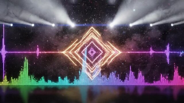 Vibrant sound visualization with colorful audio spectrum and stage lighting effects in a dynamic digital environment for music and entertainment purposes always