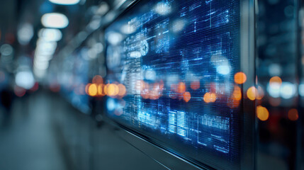 Futuristic digital data interface with blue glowing holograms and abstract cityscape reflections in a high-tech modern environment at night