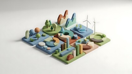 Colorful geometric shapes and wind turbine on abstract landscape