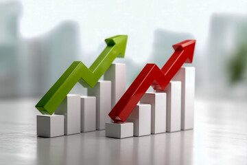 3d illustration of two colorful ascending arrows on white bar charts symbolizing growth and positive business trends in a modern bright office setting