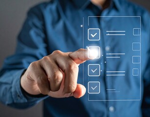 Hand touches glowing digital checklist, marking items as complete on a transparent interface