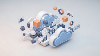 3 D Cloud with Data and Graphs in Blue and Orange charts