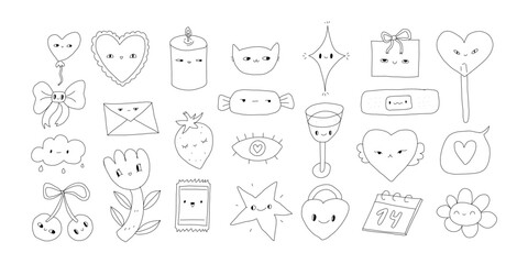 Hand drawn Valentine&rsquo;s Day doodle set cute love symbols with faces. Minimal black and white line art illustrations perfect for greeting cards, stickers, planners, social media content, posters