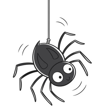 A cartoon illustration depicts a black spider hanging from a string with a playful expression