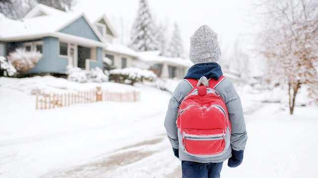 Child walking alone to school along a snow covered residential street during winter, wearing a red backpack and warm clothing