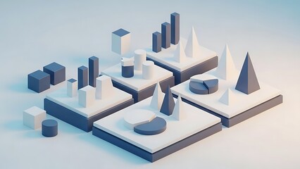 3 D geometric shapes on layered platforms with blue and white colors