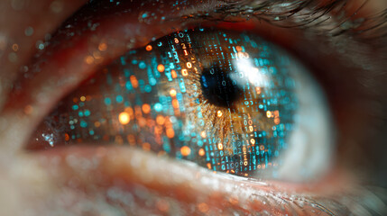Macro shot of human eye reflecting colorful digital binary code lights symbolizing futuristic technology and data visualization in a vibrant close-up view