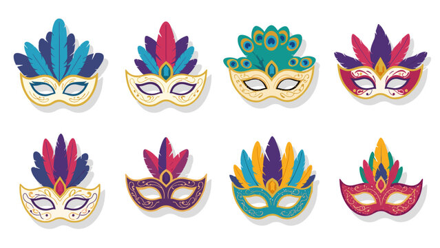 Collection of colorful carnival masks with feathers and intricate designs