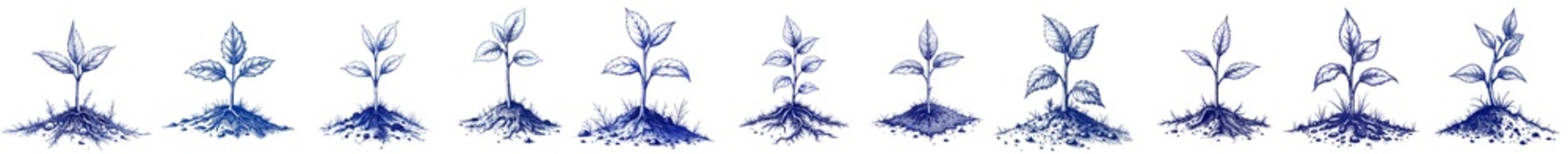Set of Vintage sketch with pen and blue ink for Earth Day featuring seedlings in soil  