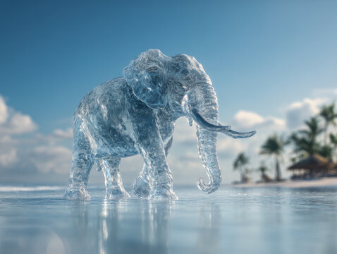 Transparent ice sculpture of an elephant standing on a reflective water surface under a clear blue sky with palm trees and a tropical beach in the background - Powered by Adobe