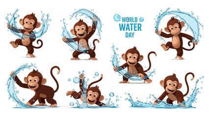 Set of seven playful cartoon monkeys celebrating water day activities