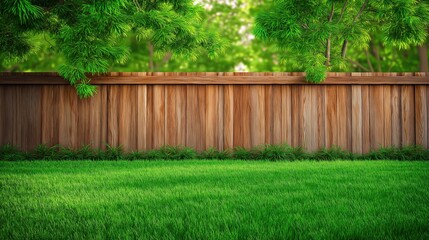 Fototapeta premium Wooden backyard fence with detailed natural grain texture, lush green grass and trees, serene outdoor setting with empty copy space, photorealistic style.