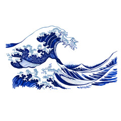Vintage sketch of ocean wave in blue ink for Earth Day  