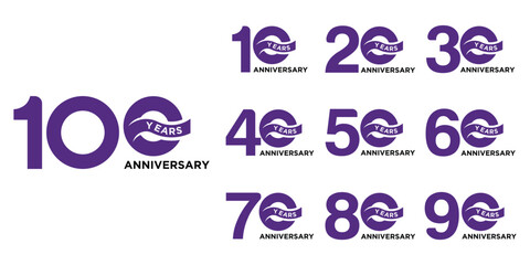 Collection of anniversary 10 to 100 logo design template. Celebration days special vector symbol icon concept