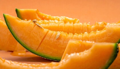 Sliced cantaloupe segments with orange flesh and pale seeds, against an orange background, showcase its juicy texture