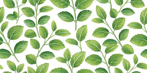 Seamless pattern of bright green leaves, evenly spaced, clean white background, botanical surface design