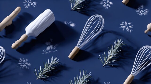 kitchen essentials pattern, a clean, minimalist d pattern with kitchen essentials like whisks, rolling pins, rosemary, and flour clouds in navy blue and white ideal for fabric or wallpaper