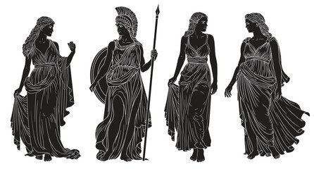 Four figures of ancient Greek women in tunics, isolated on white background.