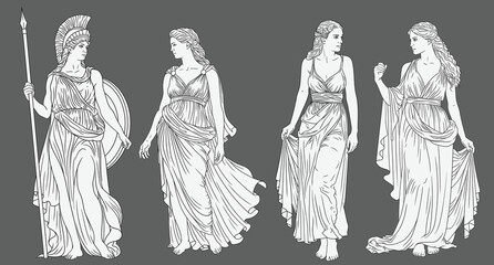Four figures of ancient Greek women in tunics, isolated on grey background. Color illustration.