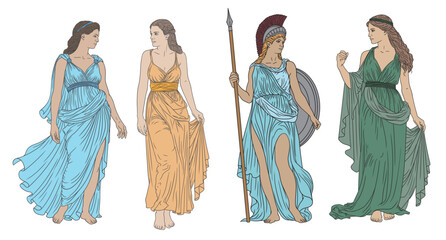 Four figures of ancient Greek women in tunics, isolated on white background. Color illustration.