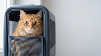 A fluffy ginger tabby cat with green eyes peeks out from inside a modern gray pet travel carrier, looking calm and ready.