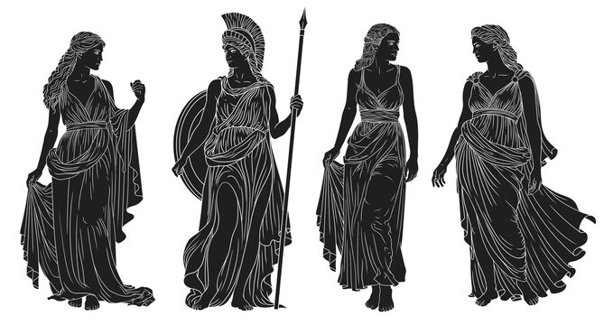 Four figures of ancient Greek women in tunics, isolated on white background.