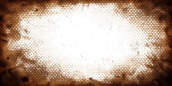 An old rusty metal plate background features a grunge orange texture with an artistic halftone dot pattern and yellow light effects for a unique vector illustration design element