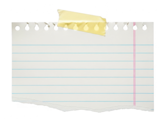 A piece of lined notebook paper with torn bottom and top edges isolated on transparent background