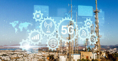 Digital overlay of 5G technology, gears, and network icons illuminate communication towers overlooking a city,  global connectivity, smart urban development,telecommunications infrastructure